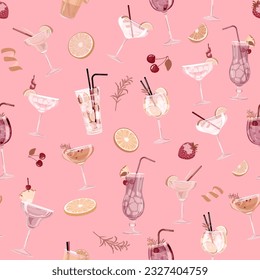 Vector seamless pattern with colorful tropical cocktails on a pink background in a flat style. Perfect for print, wrapping paper, wallpaper, fabric design.