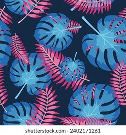 Vector seamless pattern with colorful tropical leaves. Cute bright and fun summer floral background. Jungle leaf, exotic palm leaves. Vector illustration