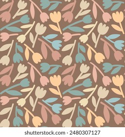 Vector seamless pattern with colorful tulips. Abstract floral background in light beige shades