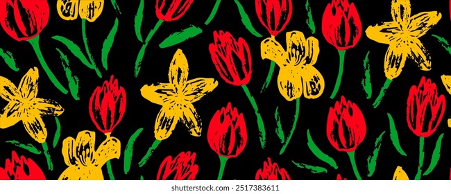 Patrón sin fisuras de Vector con tulipanes coloridos, carbón dibujado a mano.  Fondo de color moderno. Textura colorida del pincel de la tinta. Patrón sin fisuras vintage floral. 