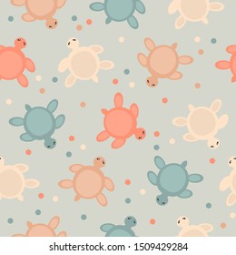 Vector seamless pattern with colorful turtles on blue background. Print for fabric, wrapping papers, wallpapers, fabric, covers, scrapbooking. Great for baby clothes.