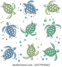 Vector seamless pattern with colorful turtles. Underwater sea pattern. Sea turtles. Vector seamless pattern with marine animals