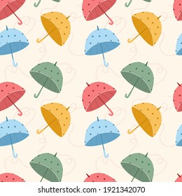 Vector seamless pattern with colorful umbrellas. Endless print. Rainy days, seasonal weather, spring or autumn accessories, weather forecast, climate rainfall. Illustration of background design