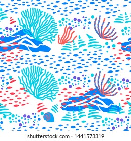 Vector seamless pattern of colorful underwater ocean coral reef plants, corals and anemones. Aquatic and aquarium seaweeds, marine algae, sea wildlife