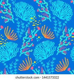 Vector seamless pattern of colorful underwater ocean coral reef plants, corals and anemones. Aquatic and aquarium seaweeds, marine algae, sea wildlife