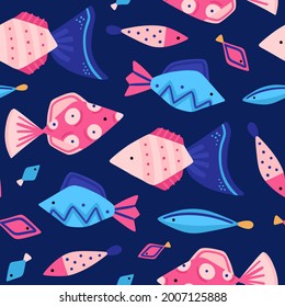 Vector seamless pattern with colorful underwater world. Cute hand-drawn fish. Marine life. Repeating background. It can be used for baby clothes, T-shirts, swimwear, wrapping, wallpaper, cloth