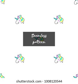 Vector seamless pattern with colorful unicorns. Blue and pink unicorn background. Card with cute unicorn icon over white background. Colorful design. Vector illustration