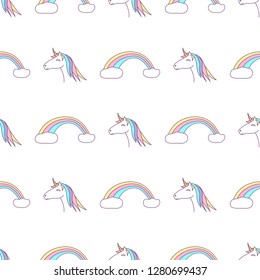 Vector seamless pattern with colorful unicorns and rainbows. 