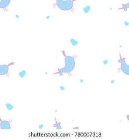 Vector seamless pattern with colorful unicorns. Blue and pink unicorn background