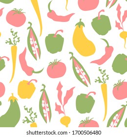 Vector seamless pattern with colorful vegetables on white background. Modern cartoon texture for kitchen textile design, menu design, wallpaper, covers, vegan food packaging design. 