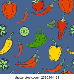 vector seamless pattern with colorful vegetables. Pepper, tomato, chilli, lime. For food packaging design, restaurant menu, cafe menus, product labels, kitchen decor. 