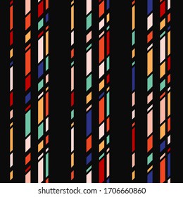 Vector seamless pattern with colorful vertical lines, stripes. Stylish abstract striped texture with colored particles on black backdrop. Modern minimal geometric background. Repeat tileable design