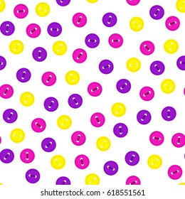Vector seamless pattern with colorful violet, yellow and rose (magenta color) buttons on white background. For  thematic invitation, scrap paper, wallpaper, textile, fabric, web page,  cover, etc.