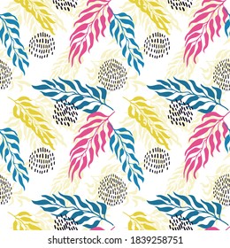 Vector seamless pattern with colorful watercolor illustration of exotic leaves. Use it for wallpaper, textile print, pattern fills, web page, surface textures, wrapping paper, design of presentation