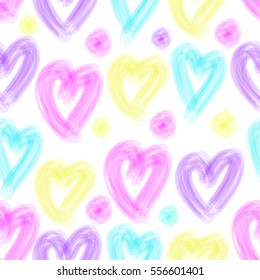 Vector seamless pattern colorful watercolor sketch of heart, magenta, yellow and blue. Primitive, doodles, children's style.