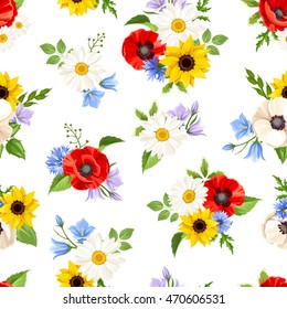 Vector seamless pattern with colorful wild flowers on a white background.