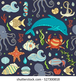 Vector seamless pattern Colorful wild sea life shell, jellyfish, fish, starfish, octopus, whale, dolphin, seahorse,