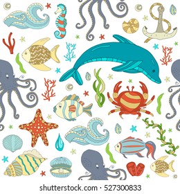 Vector seamless pattern Colorful wild sea life shell, jellyfish, fish, starfish, octopus, whale, dolphin, seahorse,