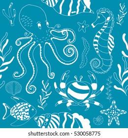 Vector seamless pattern Colorful wild sea life shell, jellyfish, fish, starfish, octopus, whale, dolphin, seahorse.Elements background set.