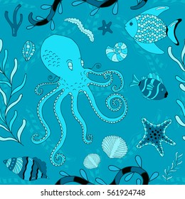 Vector seamless pattern Colorful wild sea life shell, jellyfish, fish, starfish, octopus, whale, dolphin and seahorse.