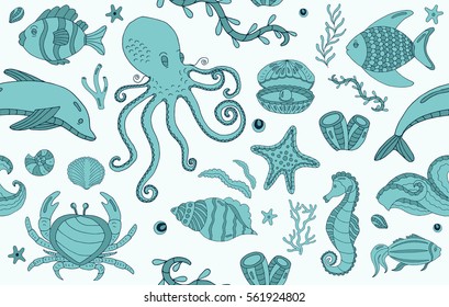 Vector seamless pattern Colorful wild sea life shell, jellyfish, fish, starfish, octopus, whale, dolphin and seahorse.