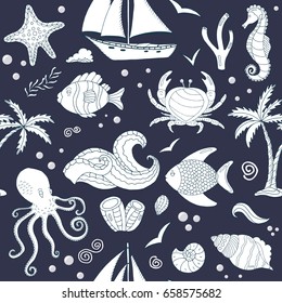 Vector seamless pattern Colorful wild sea life shell, jellyfish, fish, starfish, octopus, whale,  seahorse.