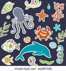 Vector seamless pattern Colorful wild sea life shell, jellyfish, fish, starfish, octopus, whale, dolphin, seahorse.