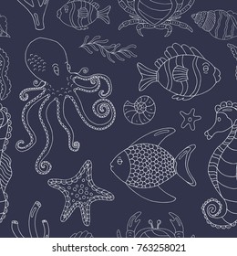 Vector seamless pattern Colorful wild sea life shell, jellyfish, fish, starfish, octopus, whale, dolphin, seahorse.