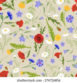 Vector seamless pattern with colorful wildflowers on beige background. Perfect for greeting cards, wedding invitations, retro parties.