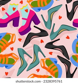 Vector seamless pattern with colorful woman's shoes on light pink background.