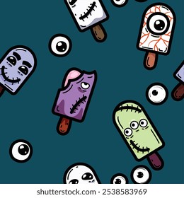 Vector seamless pattern with colorful zombie ice creams on a dark background. This pattern is perfect for decorating clothes, packaging, wallpaper, adding a little creepy accent.