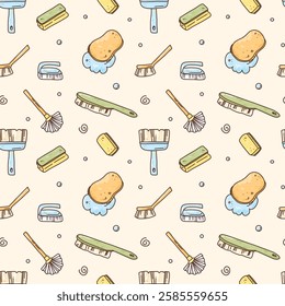 vector seamless pattern with colorfull cleaning products and brushes. cartoon housekeeping wallpaper.