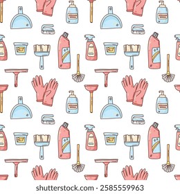 vector seamless pattern with colorfull cleaning products and brushes. cartoon housekeeping wallpaper.