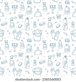 vector seamless pattern with colorfull cleaning products and brushes. outline housekeeping wallpaper.