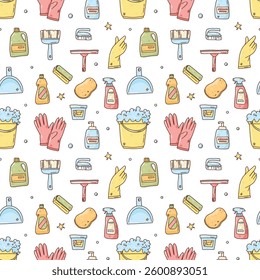 vector seamless pattern with colorfull cleaning products and brushes. cartoon housekeeping wallpaper.