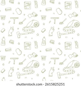 vector seamless pattern with colorfull cleaning products and brushes. outline housekeeping wallpaper.
