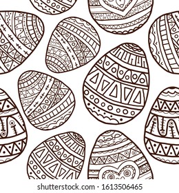 Vector seamless pattern and coloring book with easter eggs with doodle pattern. Black doodle symbols of a happy holiday on a white background. Background for postcards, poster, invitation, sale.