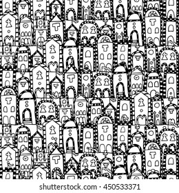 Vector seamless pattern for coloring book. Background with italian houses. Endless zentangle print.