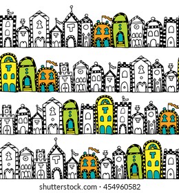 Vector seamless pattern for coloring book. Background with italian houses. Endless zentangle print.