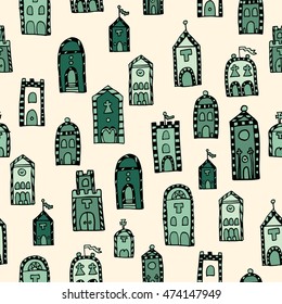 Vector seamless pattern for coloring book. Background with italian houses. Endless zentangle print.