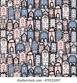 Vector seamless pattern for coloring book. Background with italian houses. Endless zentangle print.