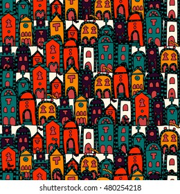 Vector seamless pattern for coloring book. Background with italian houses. Endless zentangle print.