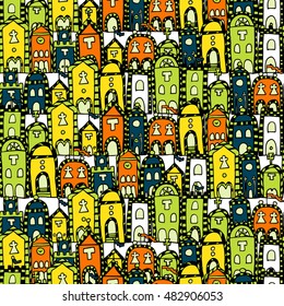 Vector seamless pattern for coloring book. Background with italian houses. Endless zentangle print.