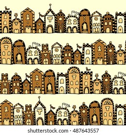 Vector seamless pattern for coloring book. Background with italian houses. Endless zentangle print.