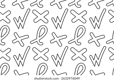 Vector seamless pattern. Coloring page with abstract doodles geometric shapes like W-symbols and crosses. For entertaining kids, black and white design, DIY craft, and wrapping paper or wallpaper.