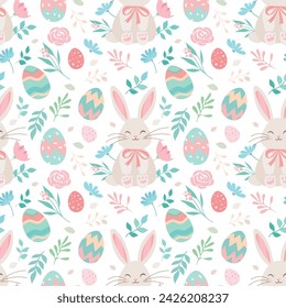 Vector seamless pattern with coloured eggs bunny and spring flowers