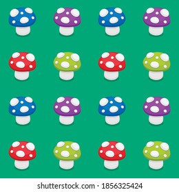 Vector seamless pattern with colourful amanita mushrooms. Repeat background with cute cartoon mushrooms.