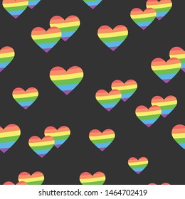 Vector seamless pattern of colourful striped hearts. LGBT symbols, gay, lesbianm transgender. 