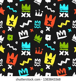 Vector seamless pattern of coluorful graffiti tags crown on black background. Hand drawn Hip-Hop Graffiti cartoon style background