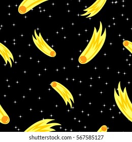 vector seamless pattern with comets on a black background. comet in cartoon style flying across the starry sky. Comets, Meteors, celestial bodies in space.